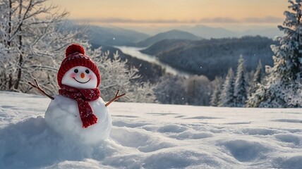 Fototapeta premium Panoramic view of happy snowman in winter secenery with copy space