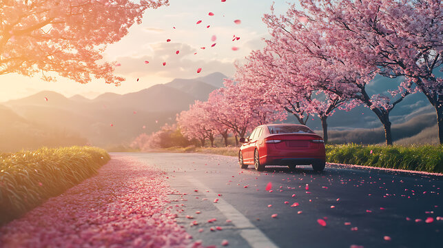 A car drives along a rural road lined with cherry trees