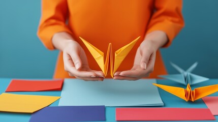 Creative origami crane crafting at home artistic tutorial colorful paper environment engaging viewpoint