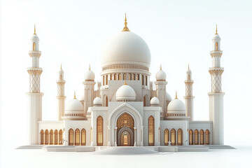 Obraz premium A minimalistic 3D illustration of a Middle Eastern mosque with its iconic dome and minarets, placed against a blank white background. The design emphasizes clean lines and cultural elegance.