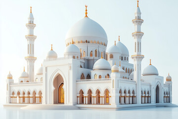 Obraz premium A minimalistic 3D illustration of a Middle Eastern mosque with its iconic dome and minarets, placed against a blank white background. The design emphasizes clean lines and cultural elegance.