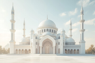 Fototapeta premium A minimalistic 3D illustration of a Turkish mosque with elegant domes and slender minarets, displayed on a white background. The design focuses on symmetry and cultural grace.