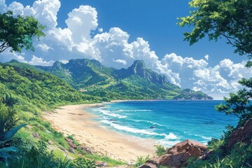 Fototapeta premium Relaxing beach with clear blue sea and lush greenery under a bright sky at midday