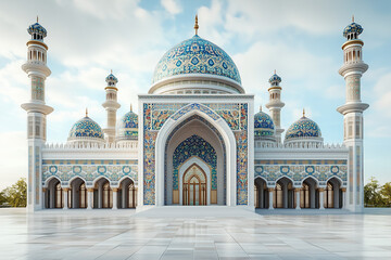 Obraz premium A Persian-inspired 3D mosque with colorful tile motifs simplified into a minimal design. The clean white background enhances its artistic elegance.
