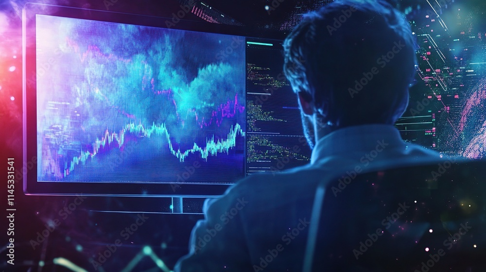 Poster stock market trader monitoring vibrant graphs on computer screen