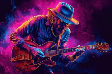 Musician playing guitar in a vibrant, colorful design with a stylish hat