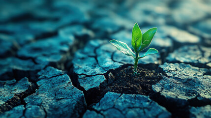 A sprout growing on cracked earth, symbolizing the resilience of nature in light blue and green colors
