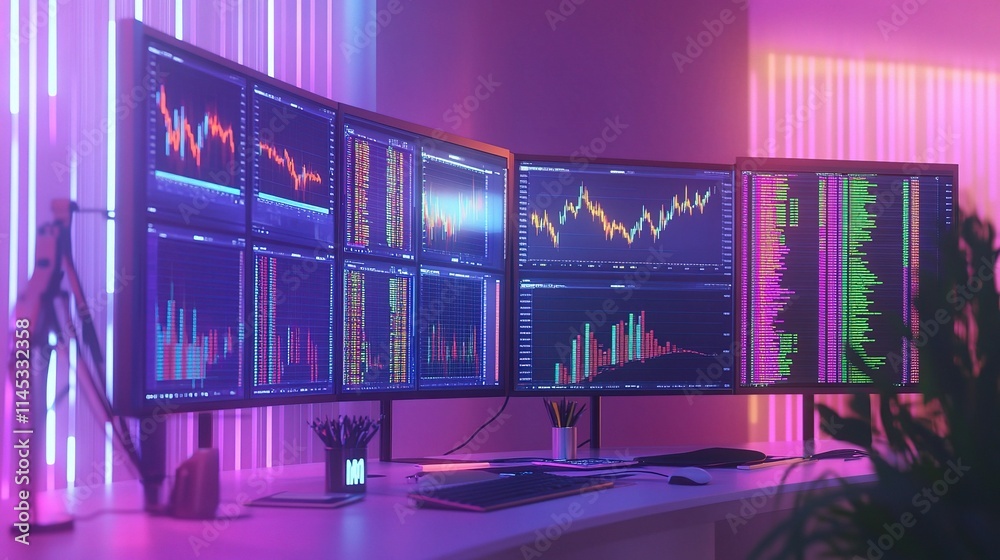 Poster modern trader workspace with multiple screens and colorful displays
