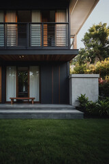 Fototapeta premium Modern home exterior featuring dark gray siding, a wooden balcony with metal railings, and a gray concrete patio. A wooden bench sits on the patio. Lush green lawn is visible in the foreground.