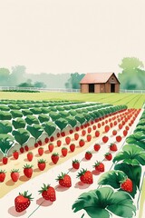 Fototapeta premium hand-drawn illustration of a strawberry farm in a watercolor style, featuring neat rows of green plants with bright red strawberries
