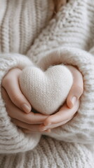 Close-up of a baby holding a tiny stuffed heart, with soft, gentle lighting and a cozy knitted...