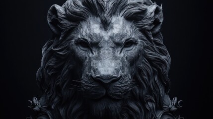 Majestic lion bust sculpture, dark background.