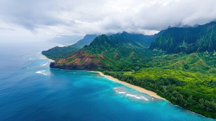Fototapeta premium Stunning Aerial View Kauai s Lush Mountains Turquoise Ocean Sandy Beach