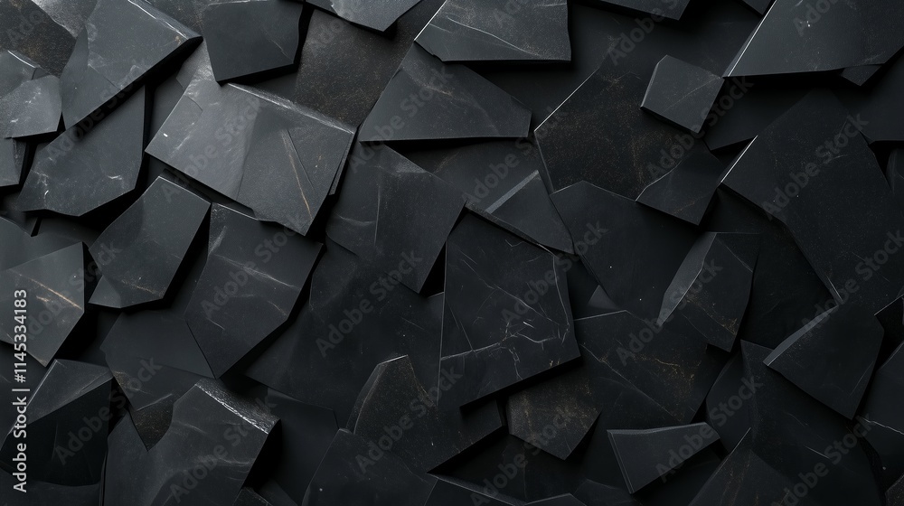 Poster dark textured surface composed of uneven geometric shapes and angular fragments in a monochromatic s
