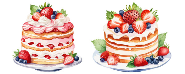 Birthday cakes with cream and berries decor. Sweet festive dessert with strawberry. Delicious confectionery treat, pastry isolated on white background. Hand drawn watercolor painting