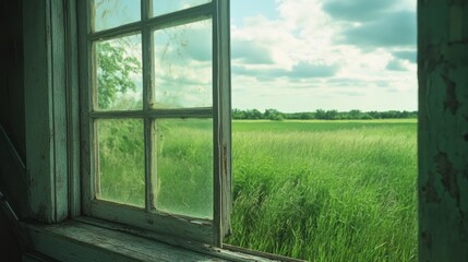 Fototapeta premium Rustic window view of a grassy field.