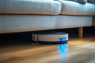 Robotic Vacuum Cleaner Working Effortlessly Under the Sofa
