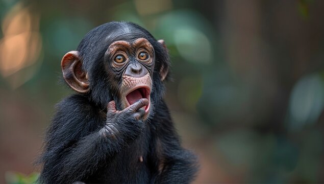 A young chimpanzee looks surprised, its mouth open in a gasp.  The dark fur contrasts against a softly blurred green background.