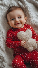 Smiling baby dressed in red onesie with small heart patterns, lying on white blanket and holding...