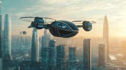 Obraz premium Futuristic Cityscape: Drone Taxi Soaring Over a Modern Metropolis at Sunrise