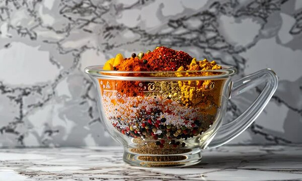 Vibrant Mix of Spices in a Glass Measuring Cup: A Colorful Culinary Display