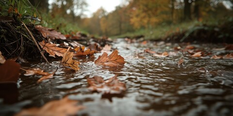 Fototapeta premium Autumn Leaves Floating on a Tranquil Stream Serene Natural Setting High-Quality Photography Peaceful Environment Close-Up View Nature's Beauty Captured for Relaxation