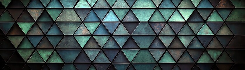 Geometric Pattern of Triangles with Textured Metallic Finishes and Various Shades of Blue and Green for Creative Projects and Design Elements