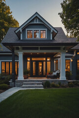 Obraz premium Two-Story House with Porch and Landscaping at Dusk