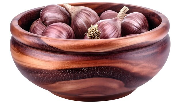 Wooden bowl with garlic isolated on a white background, detailed photograph, PNG format. 