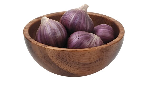 Wooden bowl with garlic isolated on a white background, detailed photograph, PNG format. 