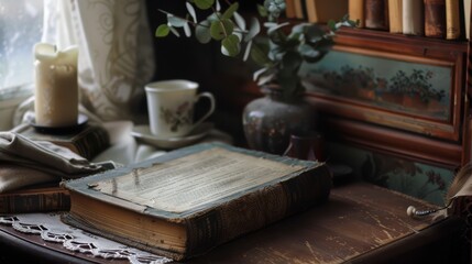 Vintage Book on Rustic Table with Candle and Greenery Decor