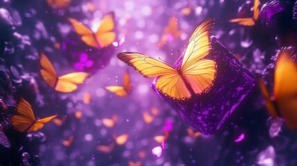 Fototapeta premium Golden butterflies flutter around glowing purple crystals.