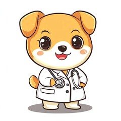 Fototapeta premium Kawaii 2D cartoon vector dog dressed as a doctor, holding a stethoscope, cute expression, white background. 
