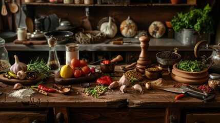 Fototapeta premium Fresh Ingredients and Spices on Wooden Rustic Kitchen Table