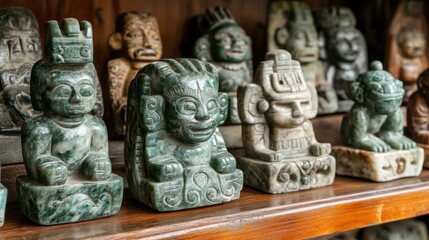 Fototapeta premium Ancient Stone Sculptures Displayed on Wooden Shelf in Workshop