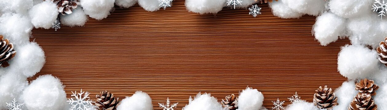 Cozy Winter Wonderland Background with Snowflakes, Pinecones, and Cotton Balls on Wooden Surface for Holiday and Seasonal Themes
