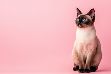 Siamese Cat Portrait on Pink Background with Bright Blue Eyes