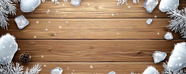 Winter Scene with Snowflakes, Ice Cubes, Pine Cone, and Frosted Leaves on Rustic Wooden Background for Seasonal Decorations and Digital Designs