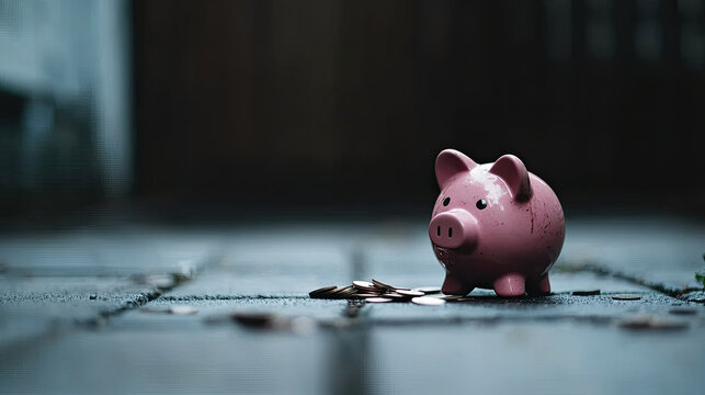 Piggy bank on pavement with scattered coins