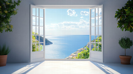 A view of the sea from an open window with a white frame. There is a gray wall on one side and greenery in pots outside the door
