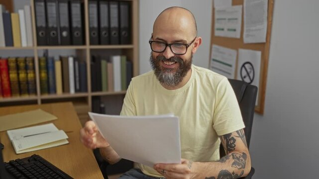 Smiling bald man with beard and glasses reading documents in an office room