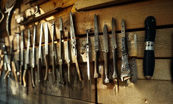 Collection of Knives Displayed on a Rustic Wooden Wall