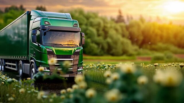 The green transport truck rumbles through the lush meadow, its vibrant color blending seamlessly with the sea of green surrounding it