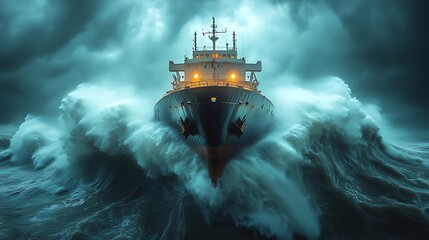 Cargo ship bravely faces monstrous waves during a fierce storm at sea.