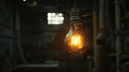 Vintage Hanging Light Bulb in Abandoned Industrial Setting
