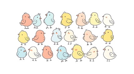 Twenty adorable pastel colored baby birds illustration