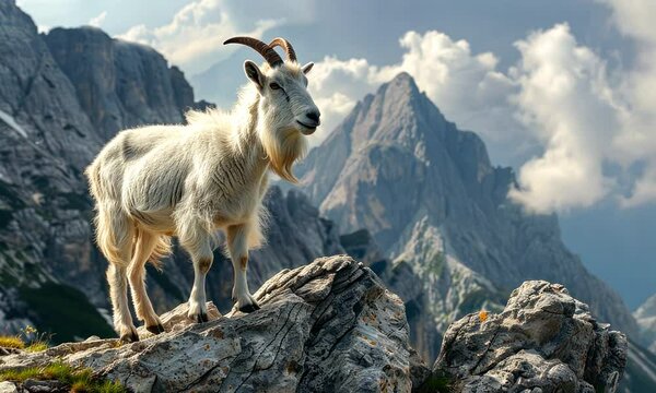 Majestic Mountain Goat Amidst Dramatic Peaks
