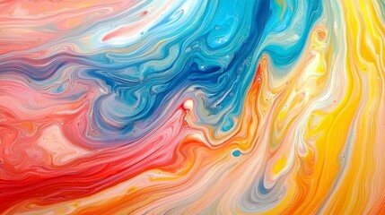 Obraz premium Abstract vibrant swirling pattern in blue, orange, yellow, and pink colors creating a mesmerizing visual effect in fluid art style