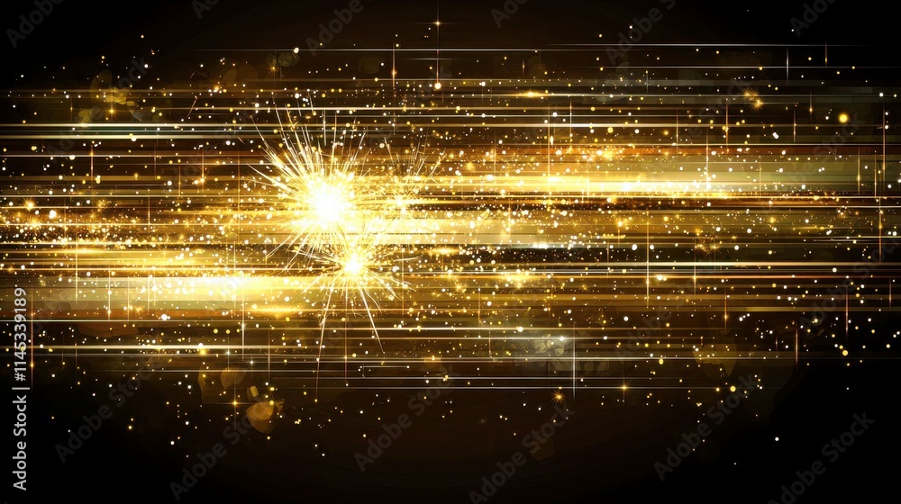 Poster golden light trails and glowing particles on dark background creating a vibrant and dynamic abstract