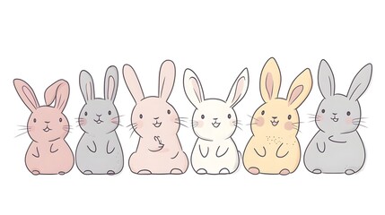 Obraz premium Six adorable pastel colored bunnies sitting in a row
